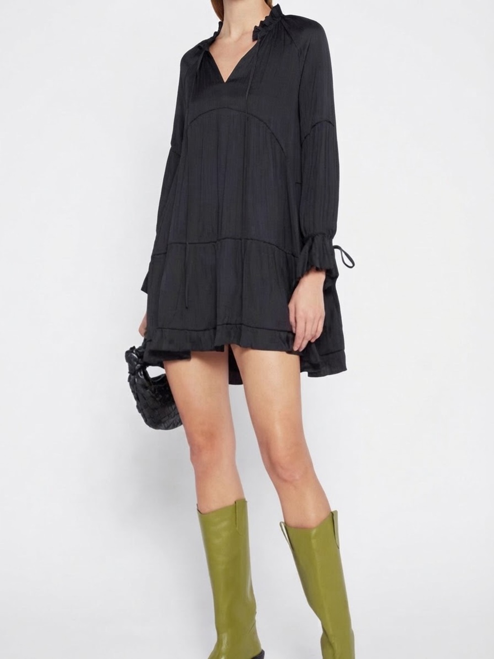 O.P.T/Size Large
Black V-Neck Long-Sleeve Mini Dress Lightweight Ruffle Tunic - Picture 3 of 6